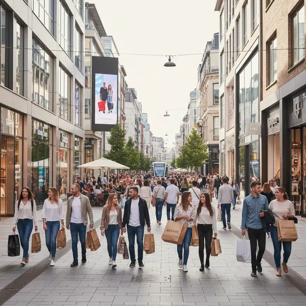 Busy shopping street with people carrying bags, active retail spending