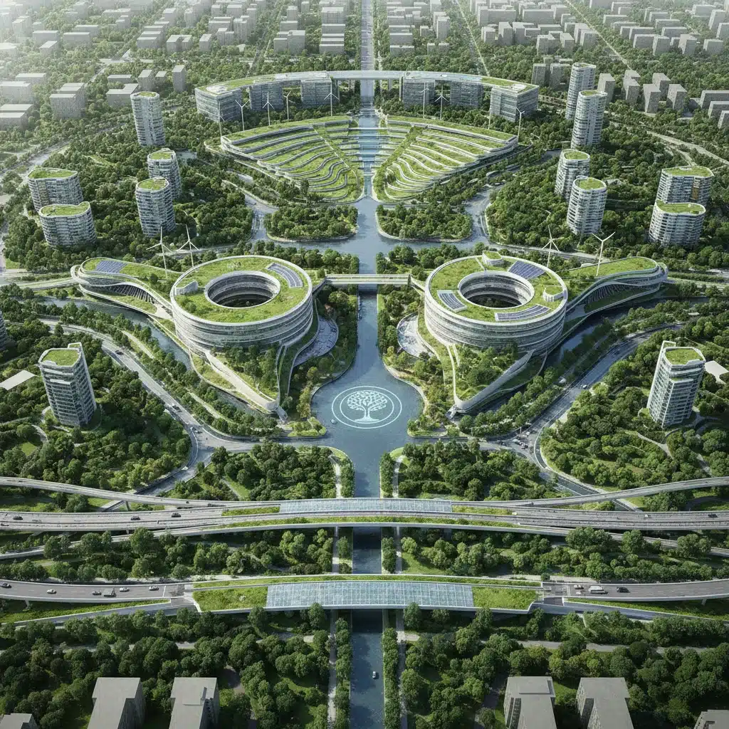 Smart city infrastructure designed for climate resilience and disaster mitigation.