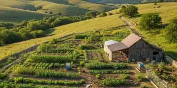 Vibrant small-scale farm with diverse crops, farmer working, and green hills.