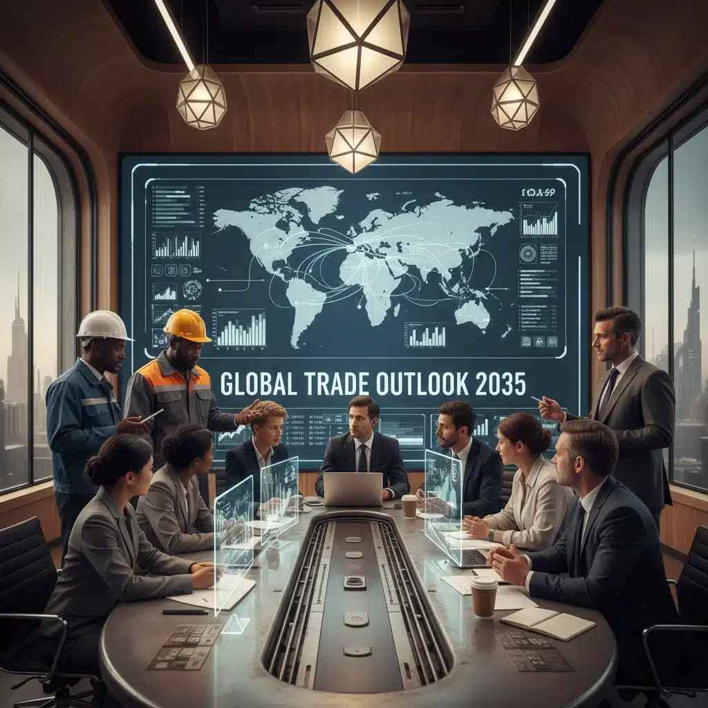 Business leaders strategizing in a modern office, analyzing global market trends and supply chain maps