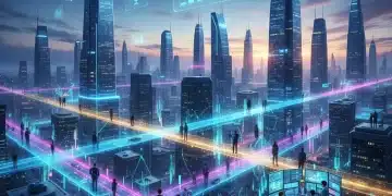 Futuristic cityscape with digital networks representing digital economy job growth