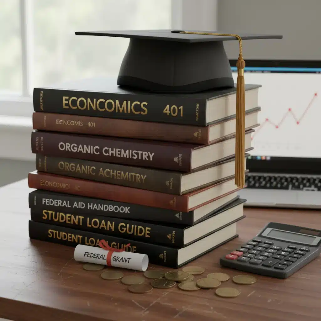 College textbooks, graduation cap, and calculator symbolizing education costs and federal grant support.