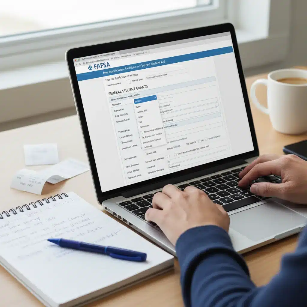 Hands filling out a FAFSA form on a laptop for federal student aid application.