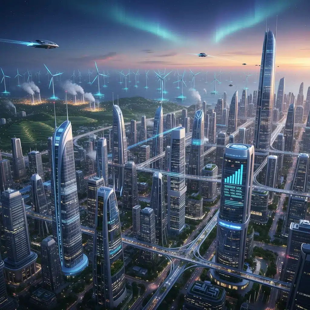 Futuristic city powered by diverse renewable energy sources