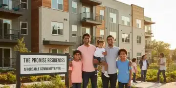 Happy family in front of affordable housing complex, symbolizing secure housing.