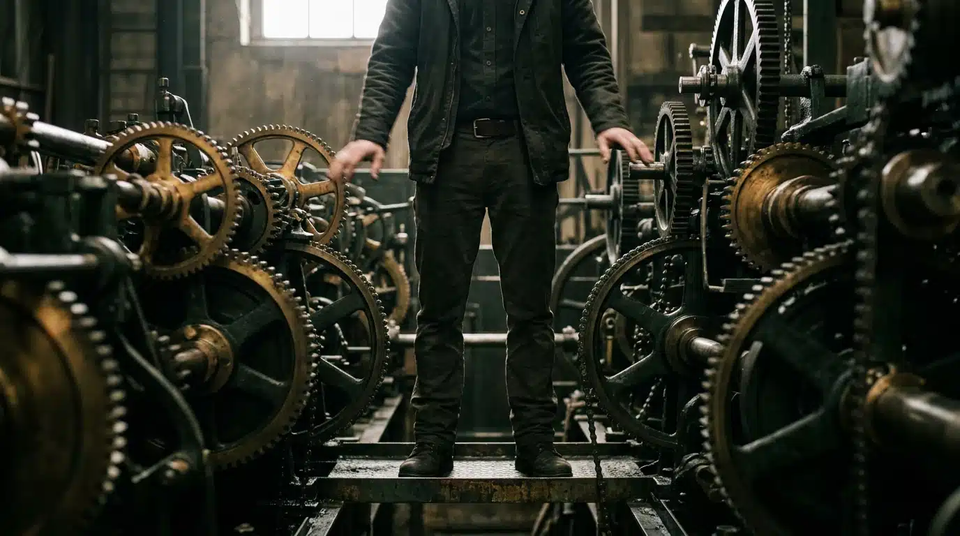 A person's mid-body navigating complex, interlocking gears, symbolizing economic shifts and career adaptation, with dramatic lighting.
