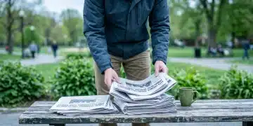 Your Community's Pulse: A Beginner's Guide to Understanding Local News & Its Impact A person organizing diverse local newspapers on a park bench, focusing on community-specific headlines like zoning and school board decisions, with a green coffee mug beside them.