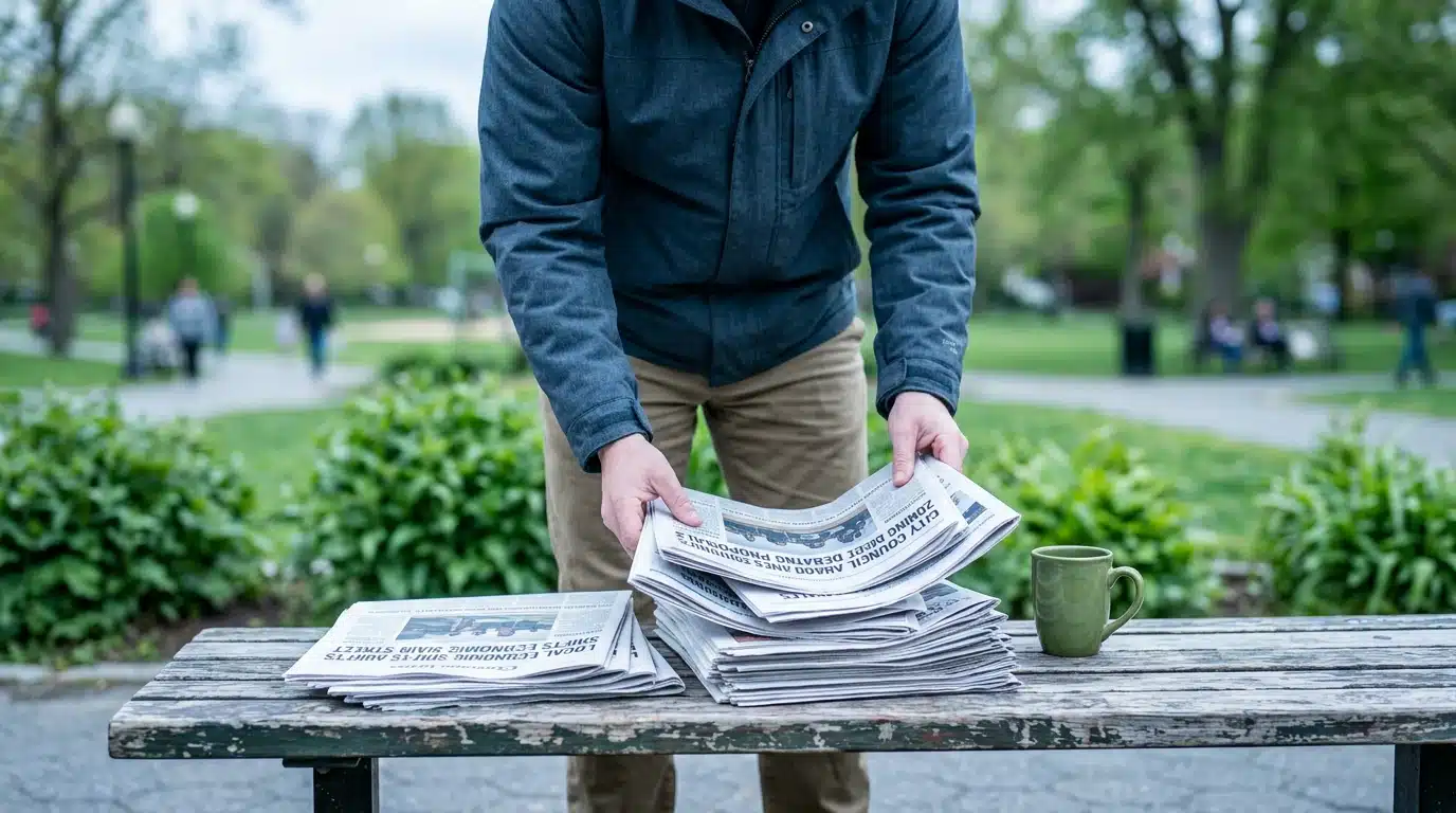 A person organizing diverse local newspapers on a park bench, focusing on community-specific headlines like zoning and school board decisions, with a green coffee mug beside them.