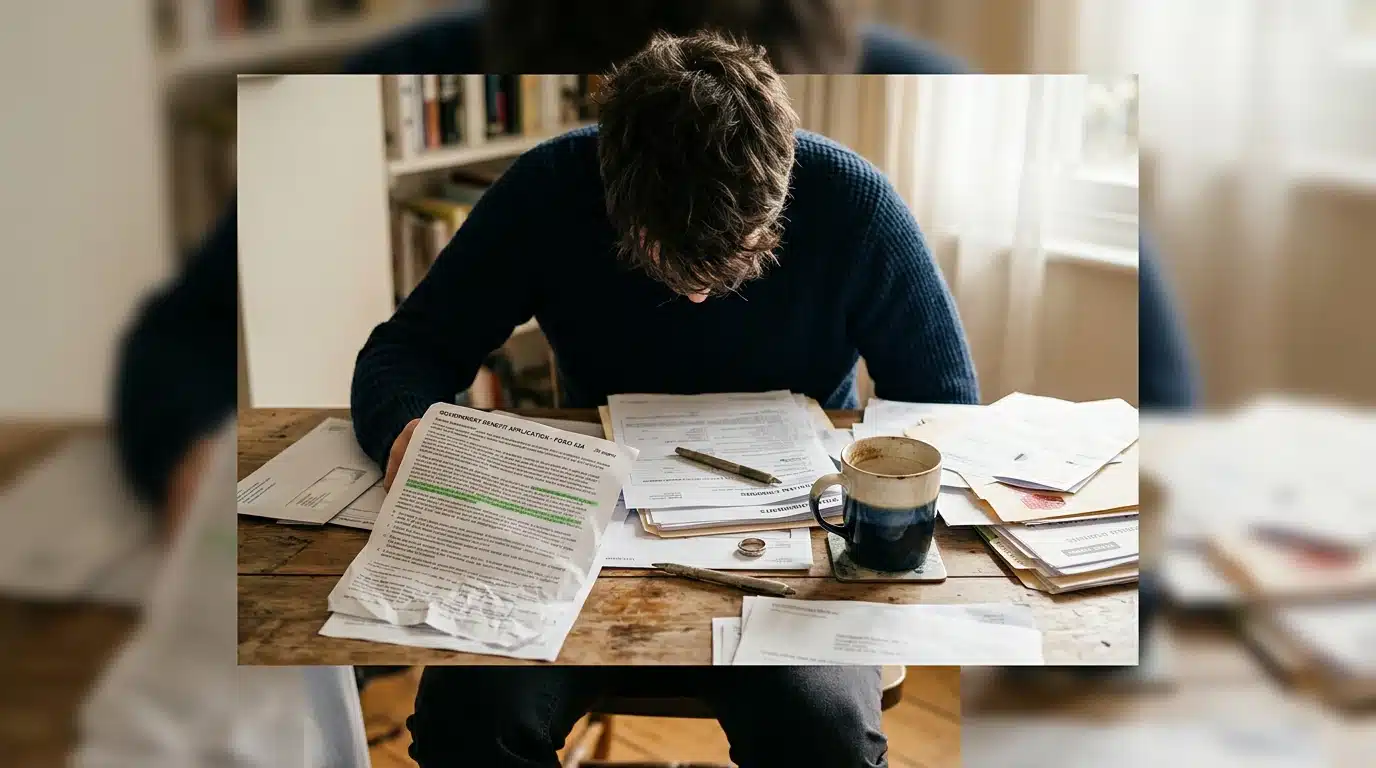 A person's hands rest on a stack of complex government benefit application forms and documents on a wooden table, highlighting the overwhelming nature of the process.