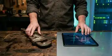 A person's hands transition from a grimy wrench to a tablet showing code, illustrating the concept of reskilling for a new career path.