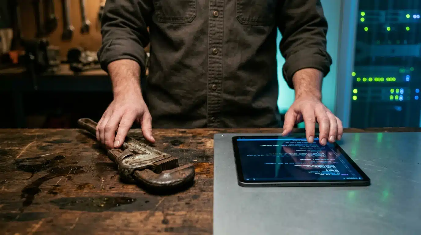 A person's hands transition from a grimy wrench to a tablet showing code, illustrating the concept of reskilling for a new career path.