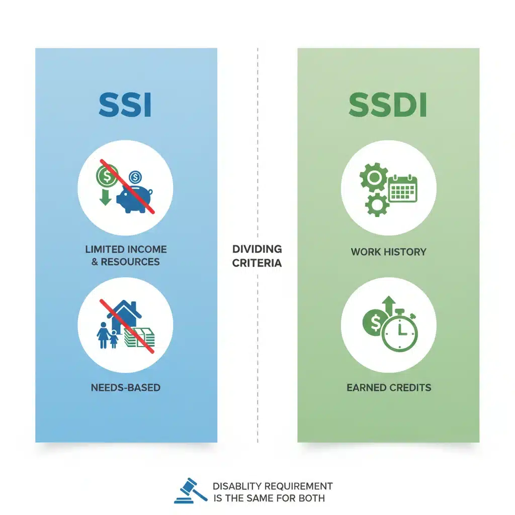 Infographic comparing SSI and SSDI eligibility criteria