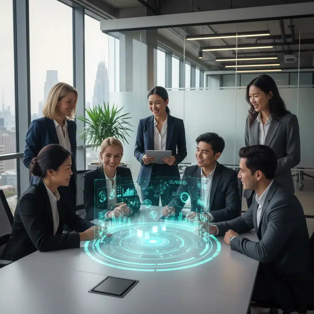 Professionals collaborating on holographic data in a tech workspace