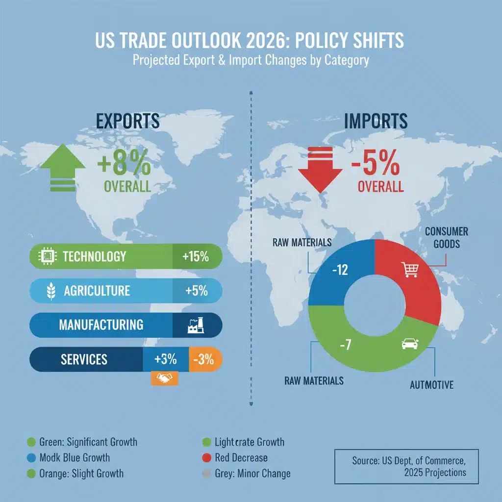 Infographic detailing US export and import category changes for 2026 due to new trade policies