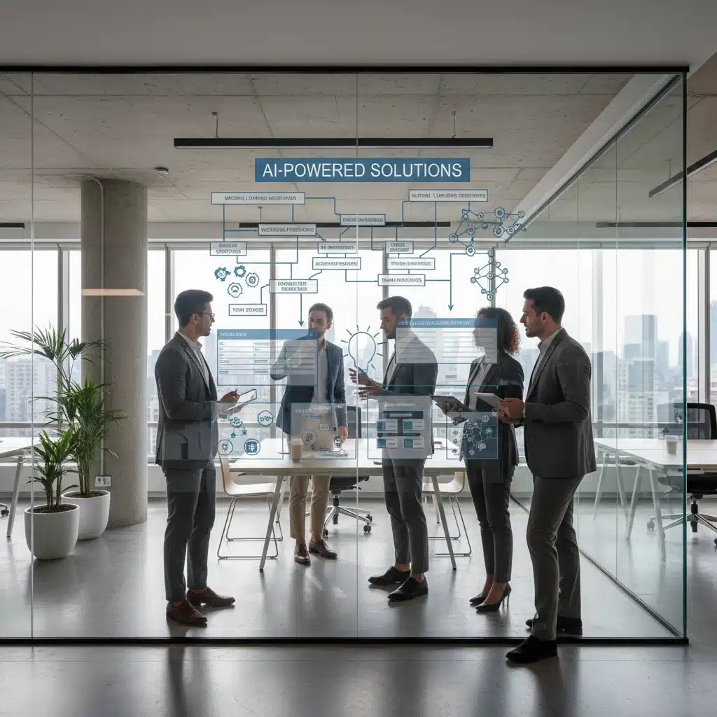 Young professionals collaborating on AI-driven projects in a modern office.