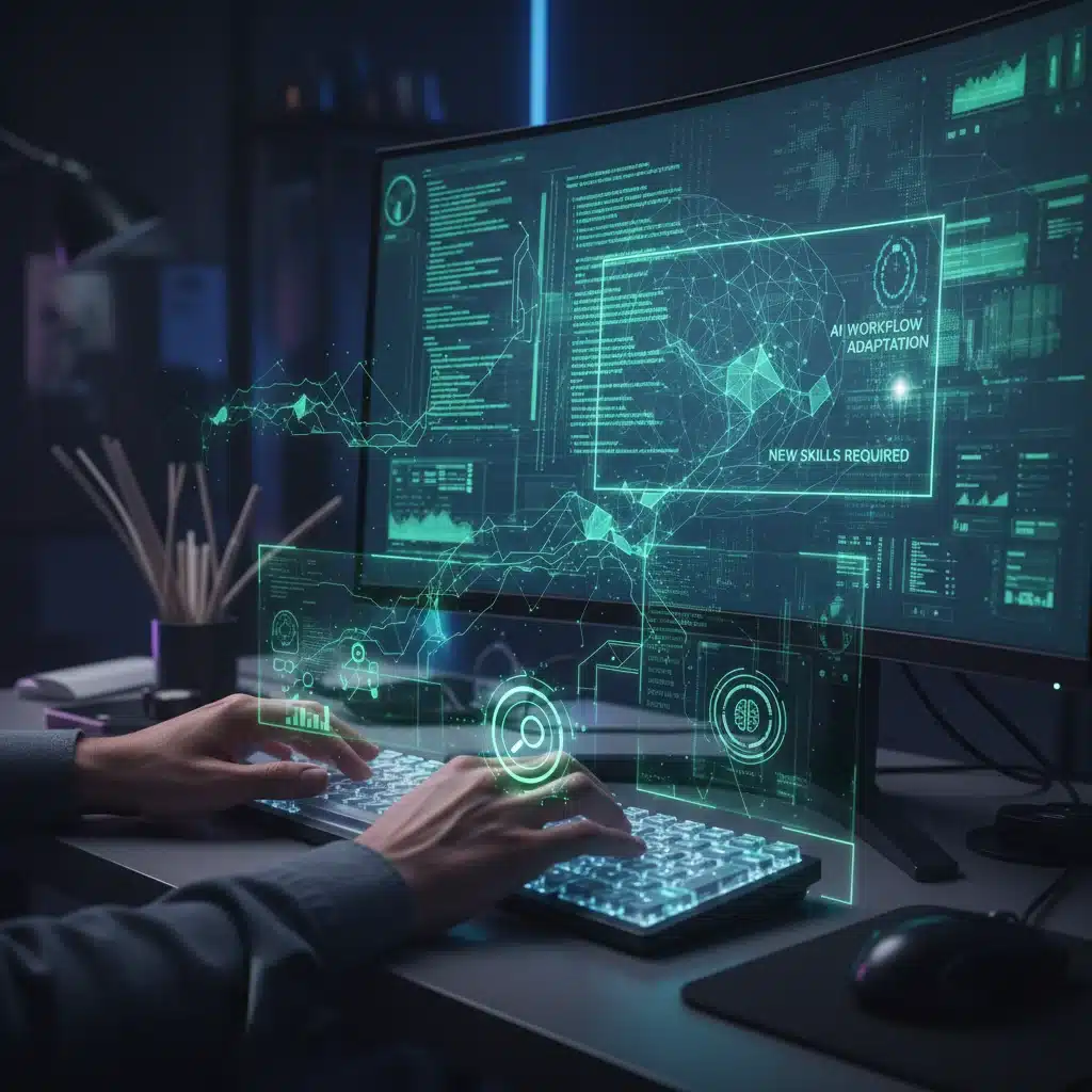 Hands on a keyboard, digital code representing AI integration in the workplace.