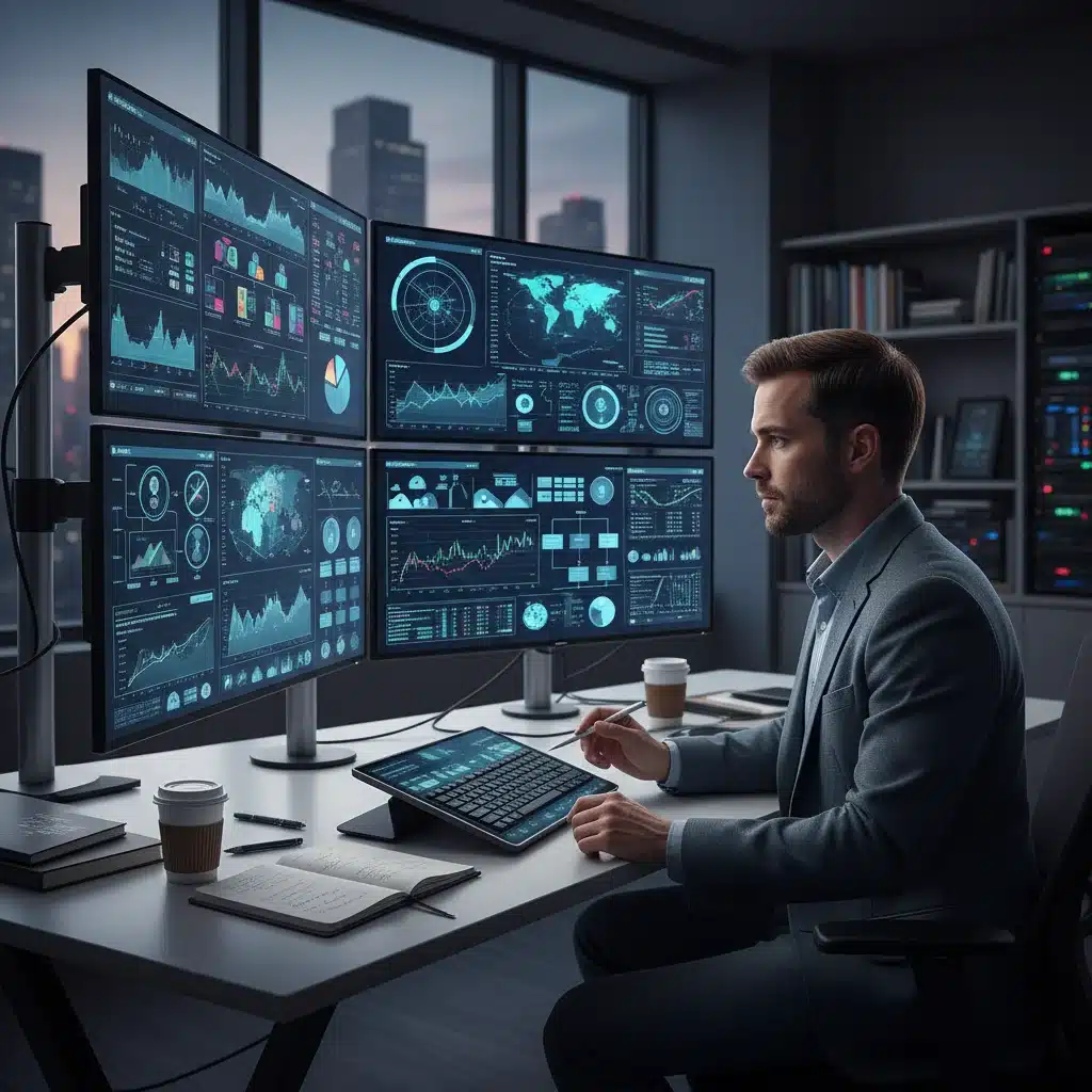 Professional analyzing data and making decisions in a dynamic work setting.