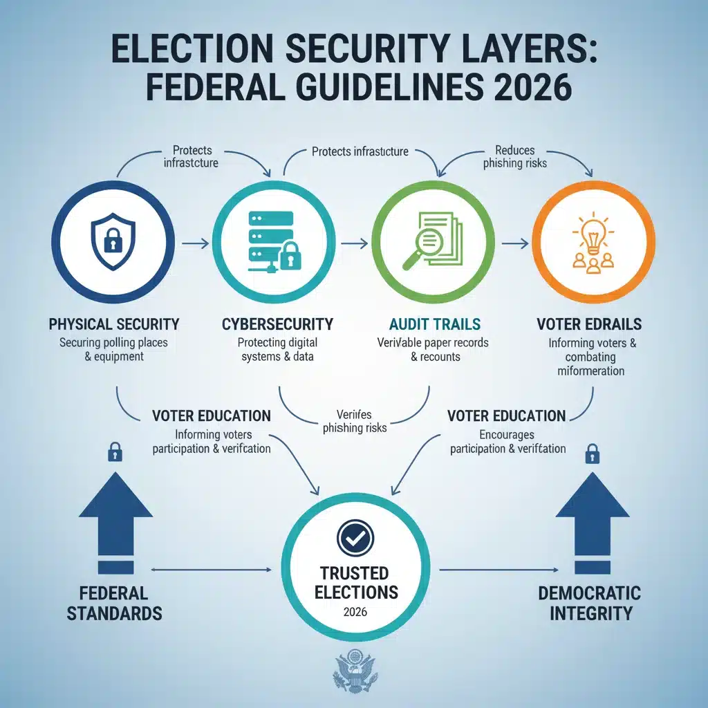 Infographic illustrating multi-layered election security measures and federal guidelines for 2026 local elections.