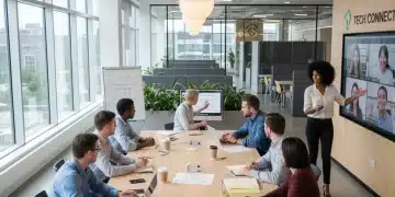 Professionals collaborating in a hybrid work environment, blending in-office and remote participation.