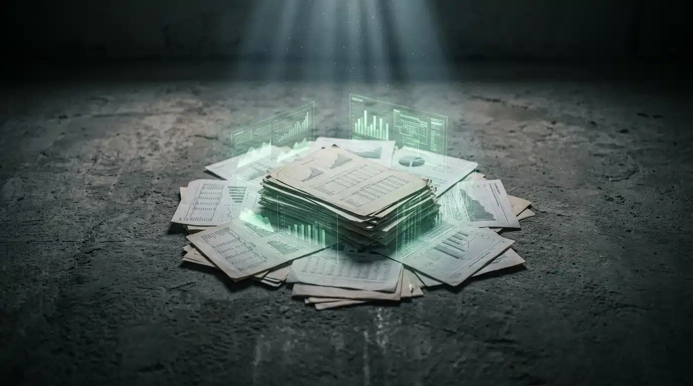 A person's hands meticulously sifting through layered government statistical reports and academic printouts with glowing green data overlays on a concrete surface, illustrating the empirical foundation of benefit efficacy research.