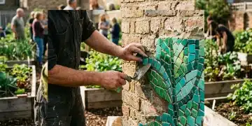 Close-up of hands applying green mosaic tiles to a community garden mural, symbolizing local revitalization.
