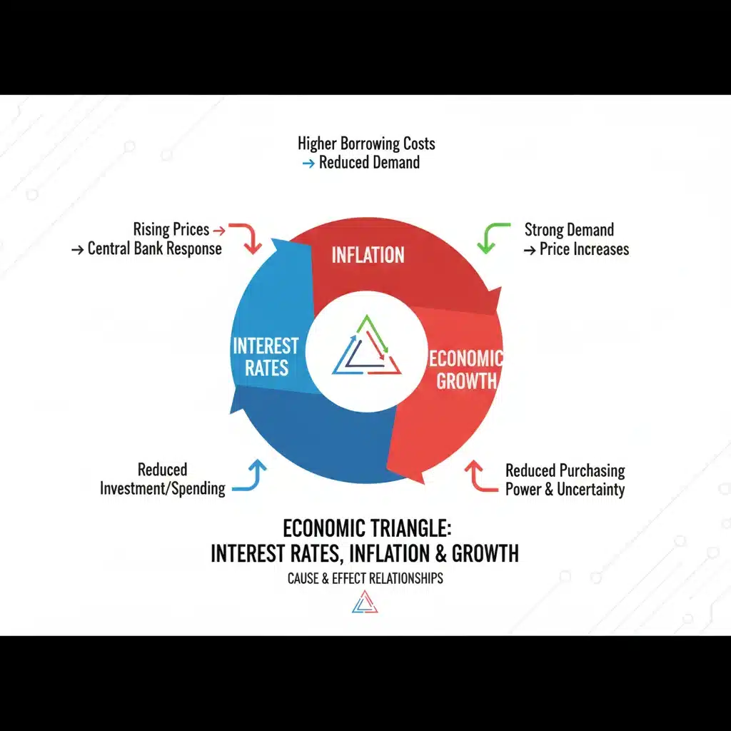 Infographic illustrating the relationship between interest rates, inflation, and economic growth.