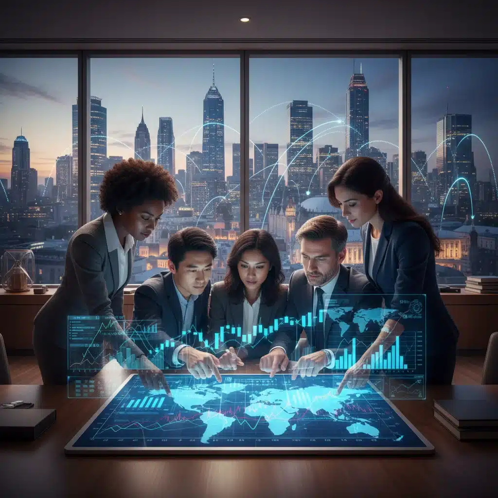 Investors analyzing financial charts on a tablet, with a city skyline in the background.