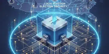 Secure voting booth with digital security overlay, representing enhanced local election security in 2026 through federal guidelines.