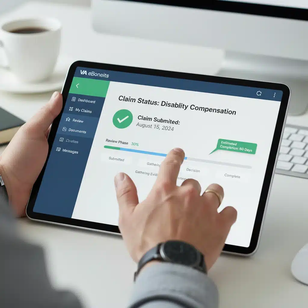 Veteran tracking disability claim status on the VA eBenefits portal.