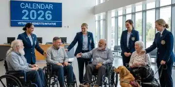 Veterans receiving support for disability benefits in a welcoming VA office setting.
