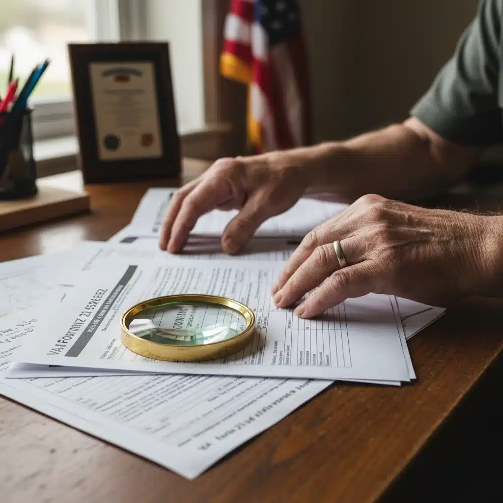 Veteran organizing medical records and VA forms for a disability claim.